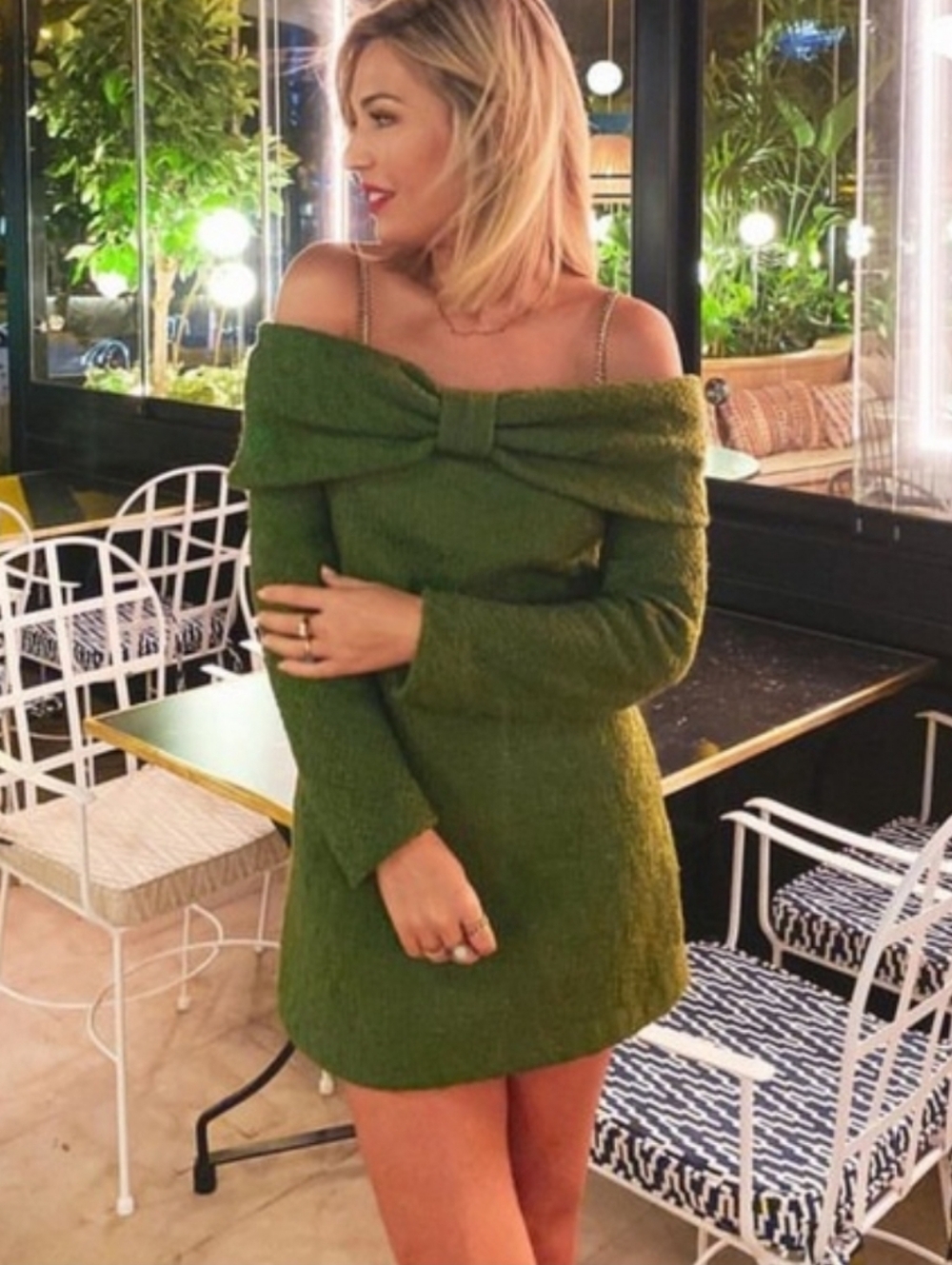 Nwot ZARA Olive Green Off Shoulder Bow Textured Mini Dress w/Gold Chain Straps